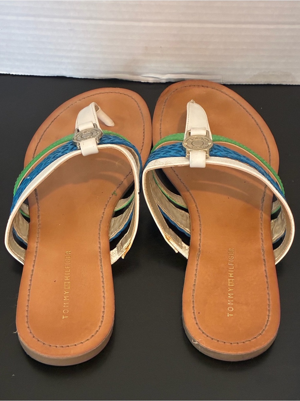 Tommy Hilfiger White, Blue & Green Braided Thong Sandals - Picture 5 of 5